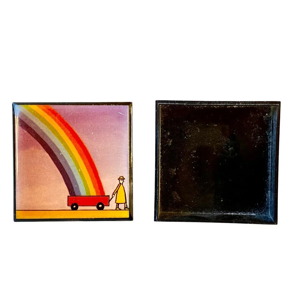 Vintage Black Lacquer Trinket Box RAINBOW & Wagon Small 2